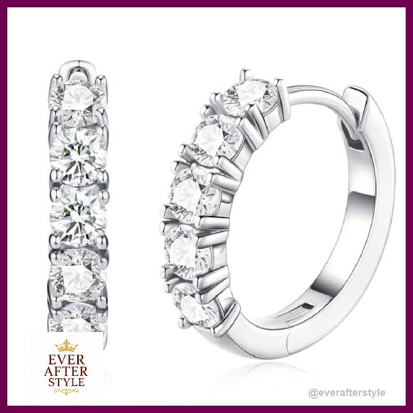 Moissanite Hoop Earrings Hypoallergenic Sterling Silver Gold Plated Studs - Picture 2 of 8